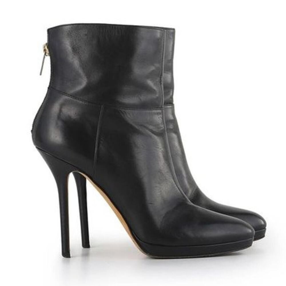 Jimmy Choo Ankle Booties Black‎ Leather Stiletto Heels Boots Sz 37.5 / 7.5